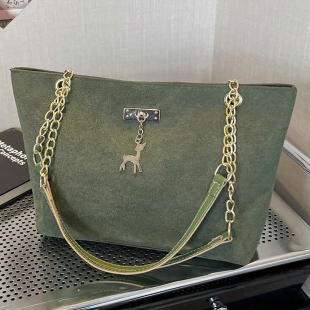 ⚠️Clearance Chain Shoulder Elegant Green Suede Tote Bag with Gold Chain - Picture 2 of 9